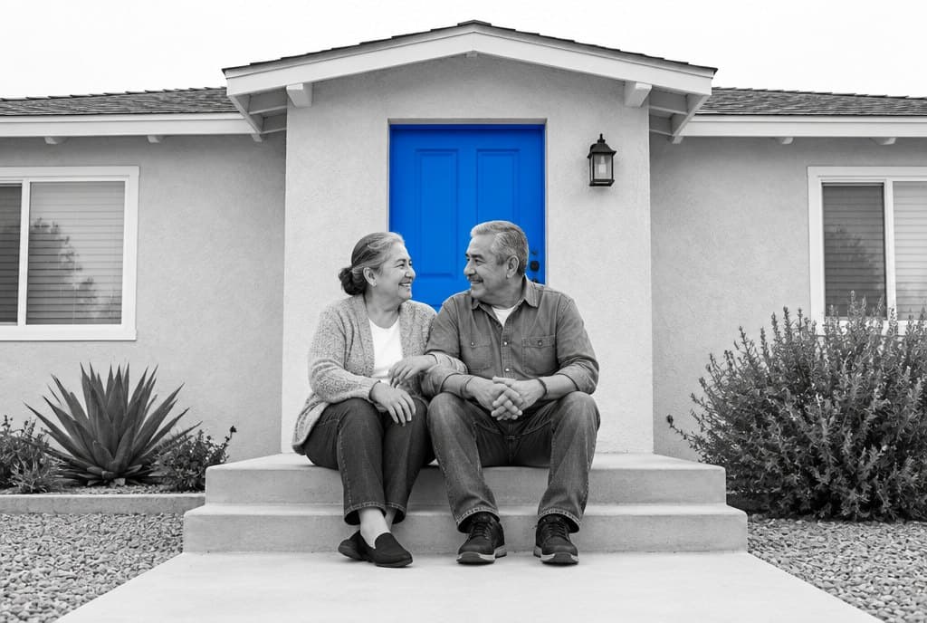 An older couple sitting on the front steps of their home, with a blue front door behind them