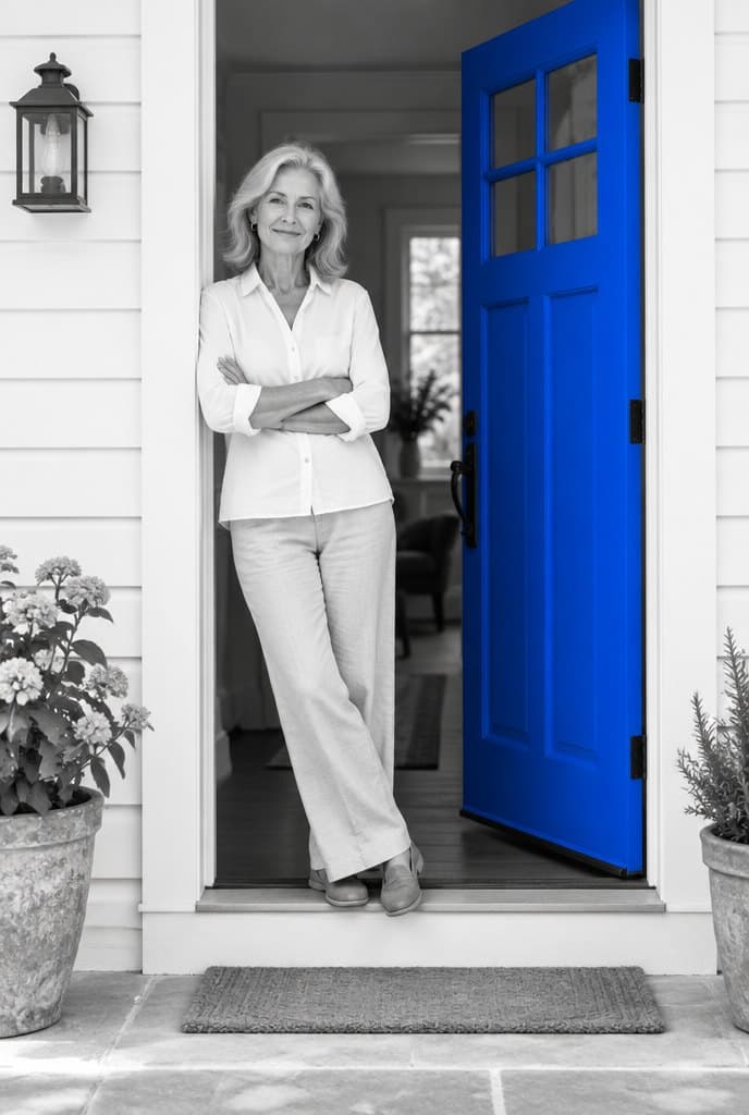 A homeowner leaning in her open doorway beside a blue front door