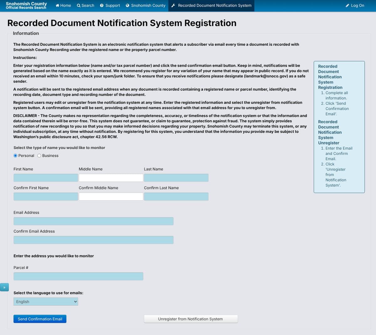 The empty Recorded Document Notification System Registration form, with name, email and parcel number boxes and a Send Confirmation Email button.