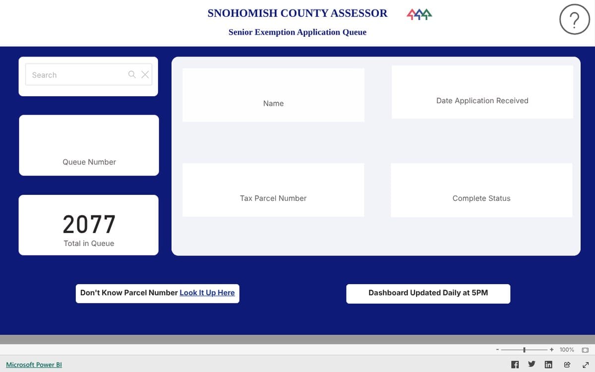 The Snohomish County Assessor's Senior Exemption Application Queue dashboard, with a search box, fields for queue number, name, date received, parcel number and status, and a total of 2,077 in queue.