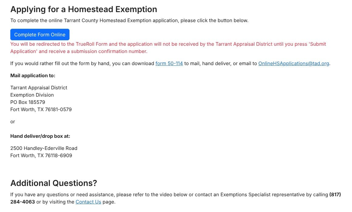 The Applying for a Homestead Exemption section of TAD's website, with the Complete Form Online button, the TrueRoll notice and the mail and drop-off addresses