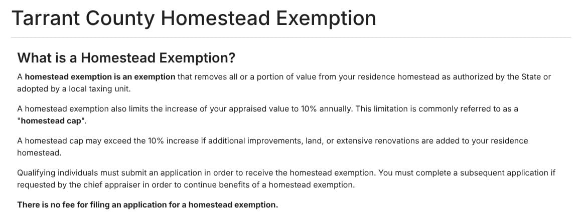 Top of the Tarrant Appraisal District's homestead exemption page, explaining the exemption and the 10% homestead cap and ending with the line that there is no fee to file