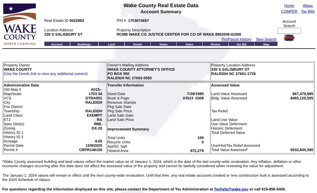 Wake County Real Estate Data account page for the county-owned Justice Center, showing a deed date of 7/29/1985 and Book and Page 03523 0308.