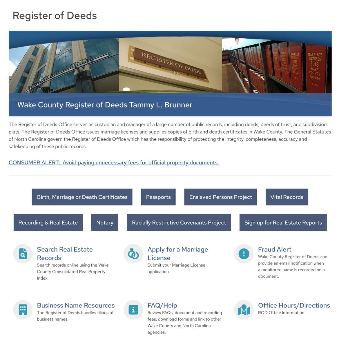 The Wake County Register of Deeds home page on wake.gov, with tiles for Search Real Estate Records and Fraud Alert.