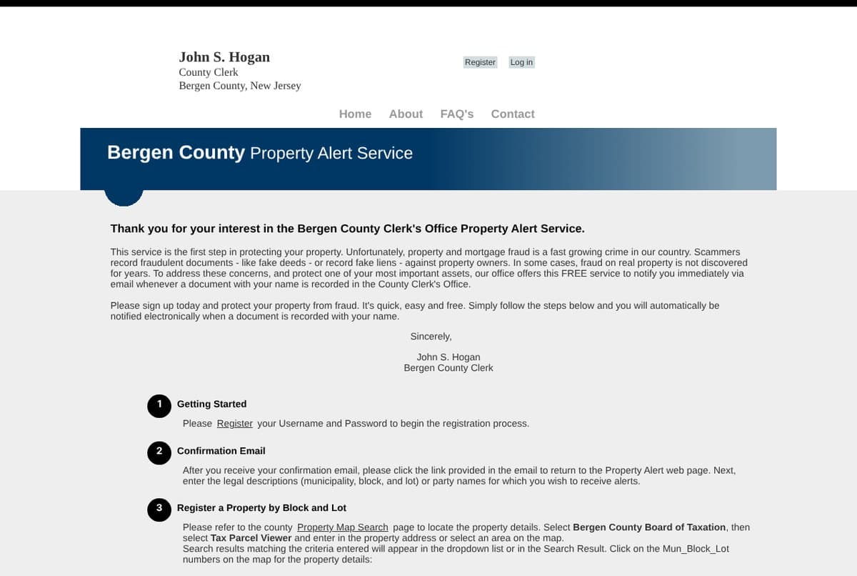 The Bergen County Property Alert Service home page with a letter from County Clerk John S. Hogan and three numbered steps: Getting Started, Confirmation Email, and Register a Property by Block and Lot