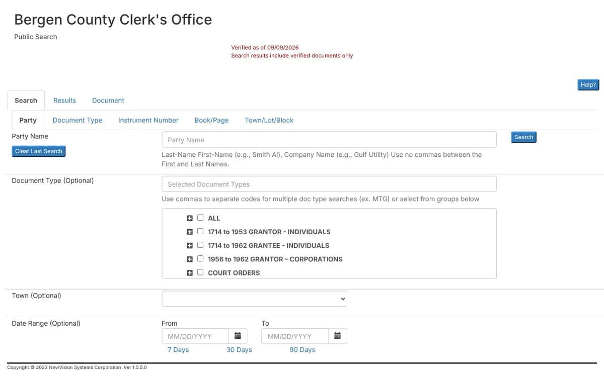 The Bergen County Clerk's Office Public Search page with tabs for Party, Document Type, Instrument Number, Book/Page and Town/Lot/Block, a Party Name box, document type groups and a date range