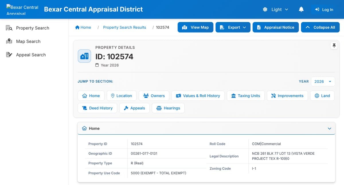 A BCAD property record for the appraisal district's own building, with Jump to Section buttons for Owners, Deed History, Values and Roll History and other sections