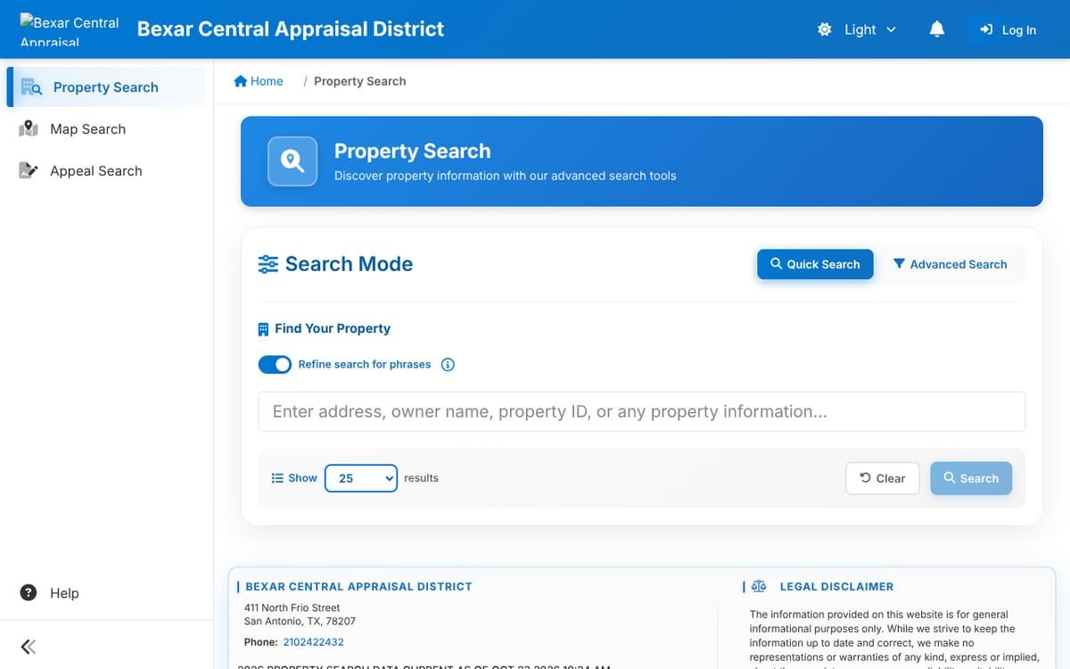 BCAD's Property Search page with Quick Search selected, the Refine search for phrases switch turned on, and one box for an address, owner name or property ID