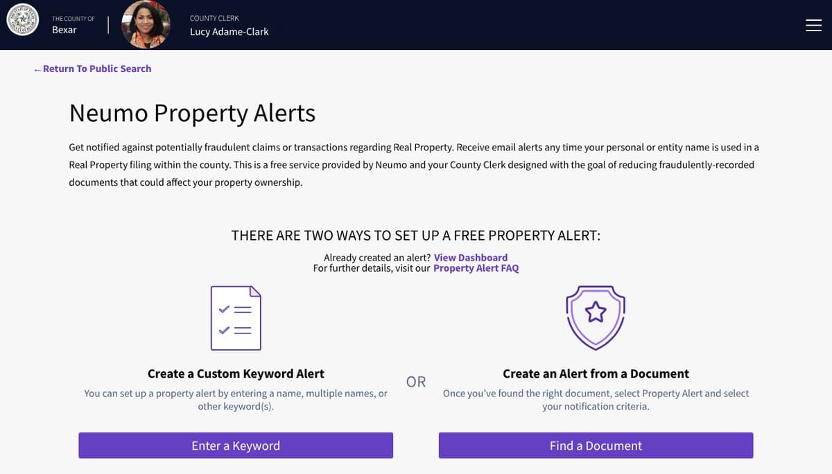 The Bexar County Clerk's Neumo Property Alerts page offering two choices, a custom keyword alert or an alert built from a recorded document