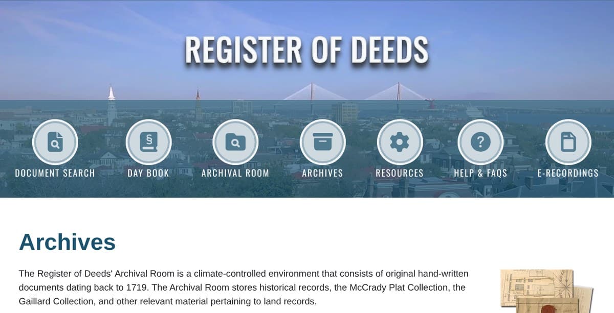 The Charleston County Register of Deeds website with round buttons for Document Search, Day Book, Archival Room, Archives, Resources, Help and FAQs and E-Recordings, above text about original hand-written documents dating back to 1719.