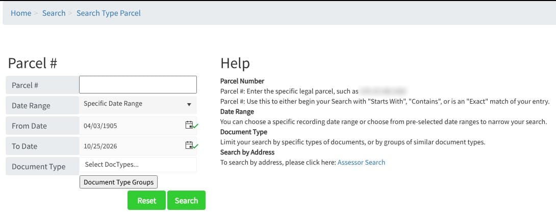 The Clark County Recorder's AcclaimWeb search screen set to search by parcel number, with date range and document type fields and a help panel
