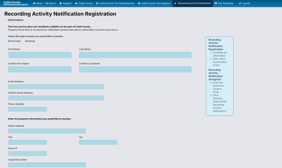 The Cobb County Clerk's Recording Activity Notification Registration form, with fields for the name to watch, email, phone, street address, parcel number and legal description.