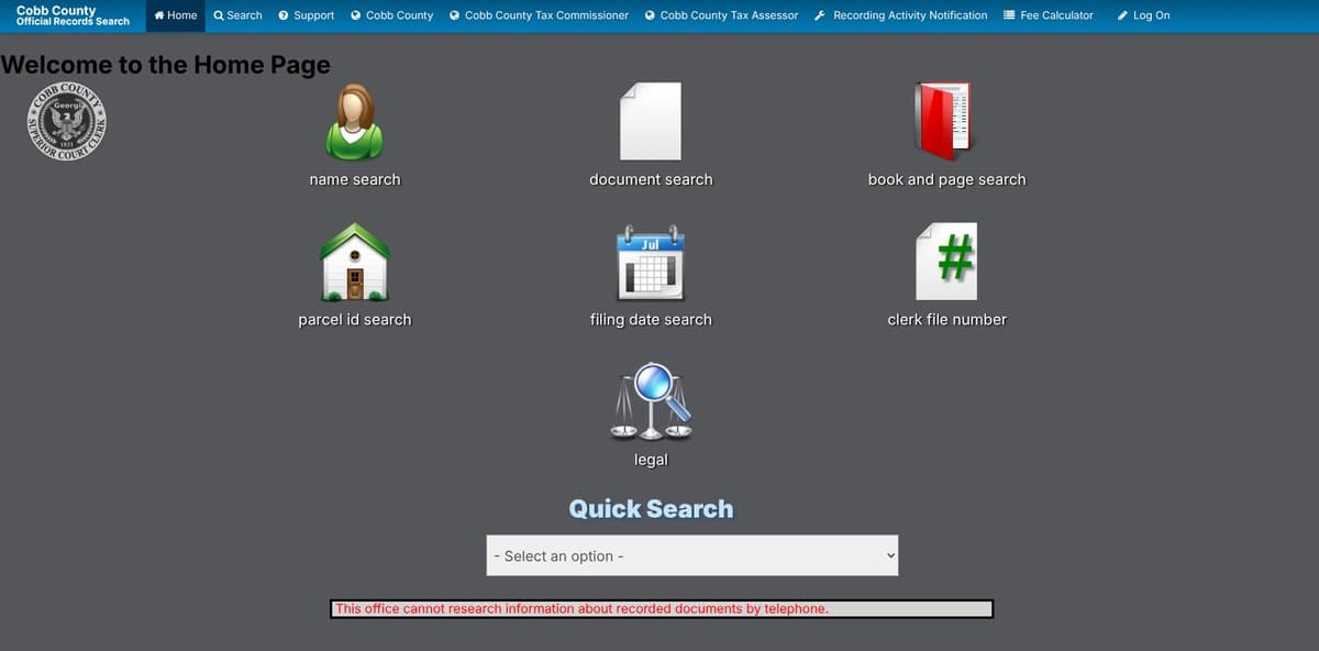 The Cobb County Clerk of Superior Court's Official Records Search home page, with name, document, book and page, parcel ID, filing date, clerk file number and legal search options.