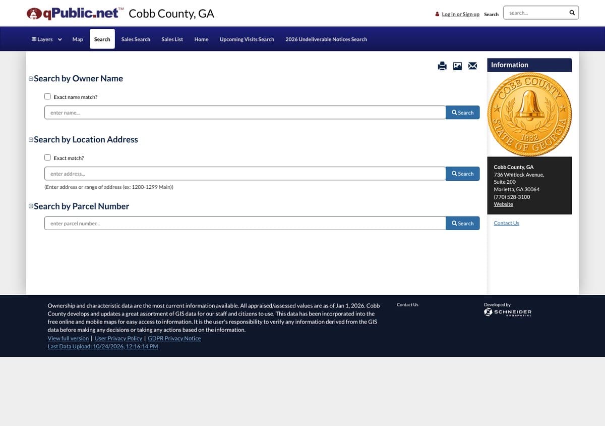 The Cobb County assessor's qPublic property search page, with boxes to search by owner name, location address or parcel number.