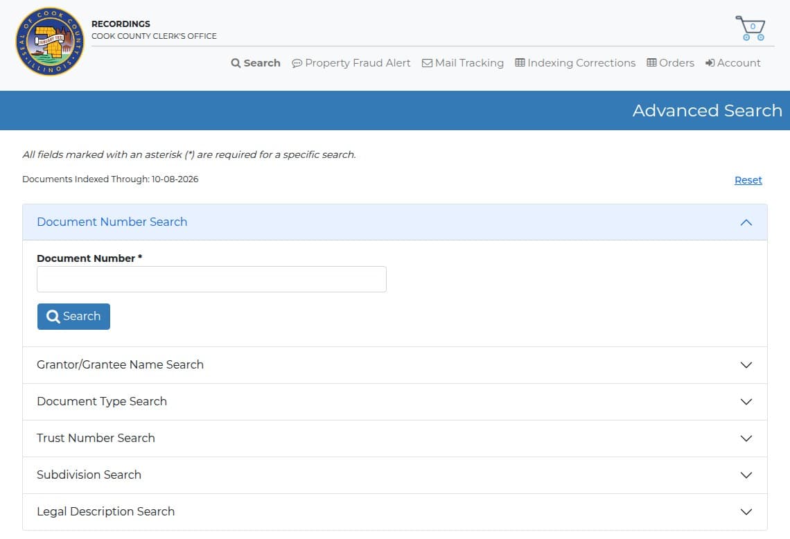 The Advanced Search page of the Cook County Clerk's recordings site, listing searches by document number, grantor or grantee name, document type, trust number, subdivision and legal description