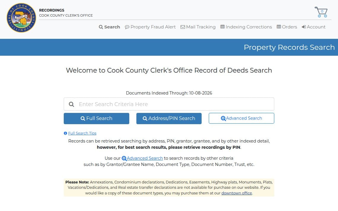 The Cook County Clerk's Property Records Search page, with one search box and buttons for Full Search, Address/PIN Search and Advanced Search