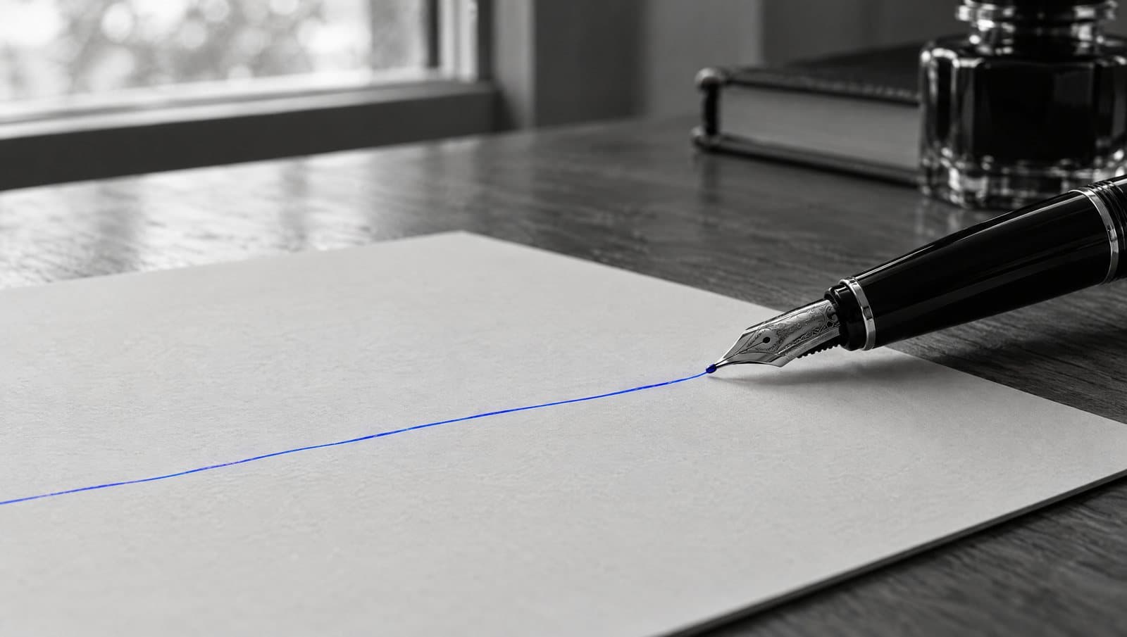 A fountain pen resting on a blank sheet of paper, with a thin line of blue ink, in black and white.