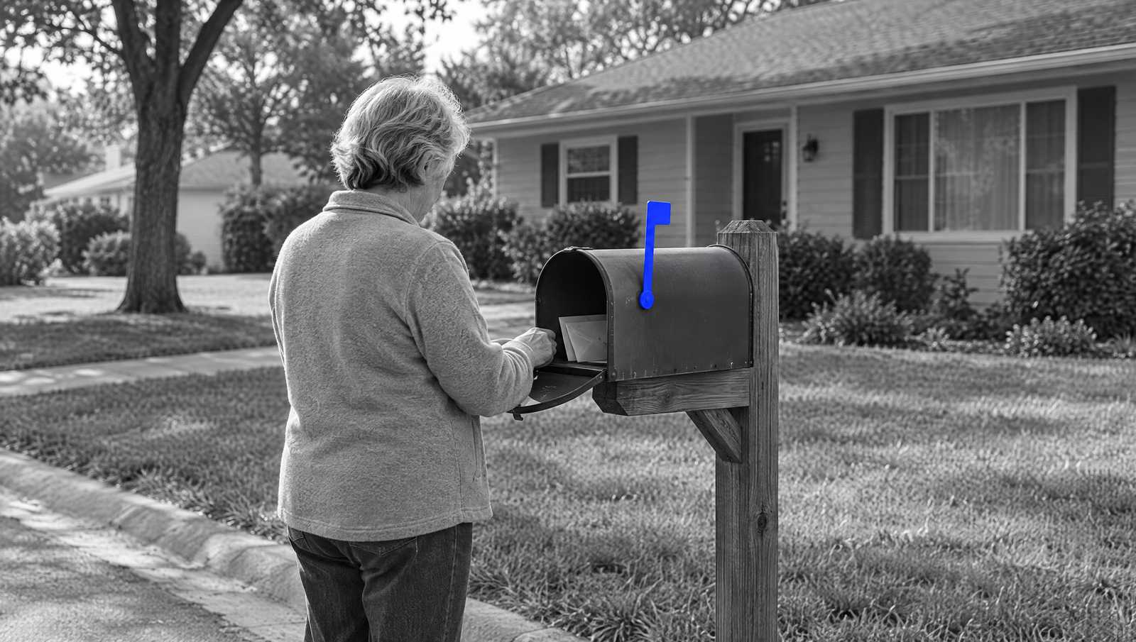 In black and white, an older homeowner seen from behind opens a curbside mailbox in front of a house. The mailbox flag is blue.