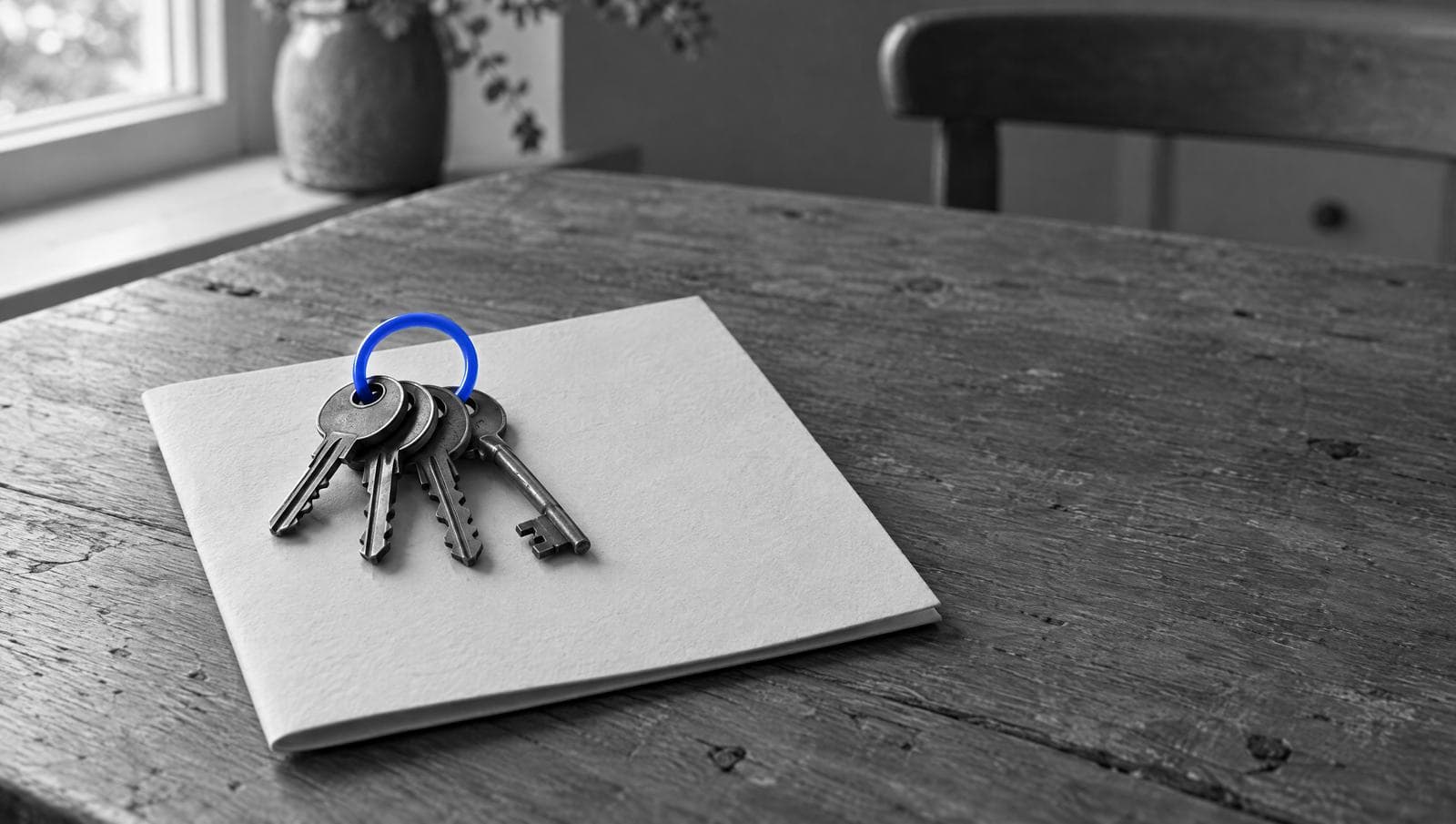 A ring of old house keys on a bright blue key ring rests on a folded blank sheet of paper on a wooden table, in black and white.