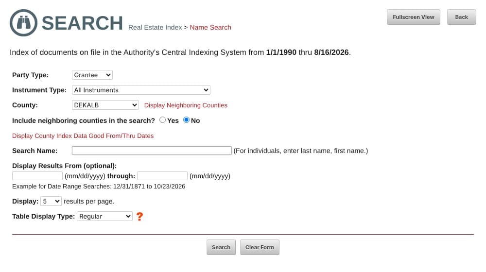 GSCCCA real estate index name search form with DeKalb chosen as the county and Grantee as the party type