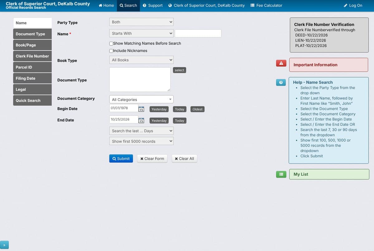 DeKalb County Clerk's LandmarkWeb name search form with fields for party type, name, book type, document type and dates