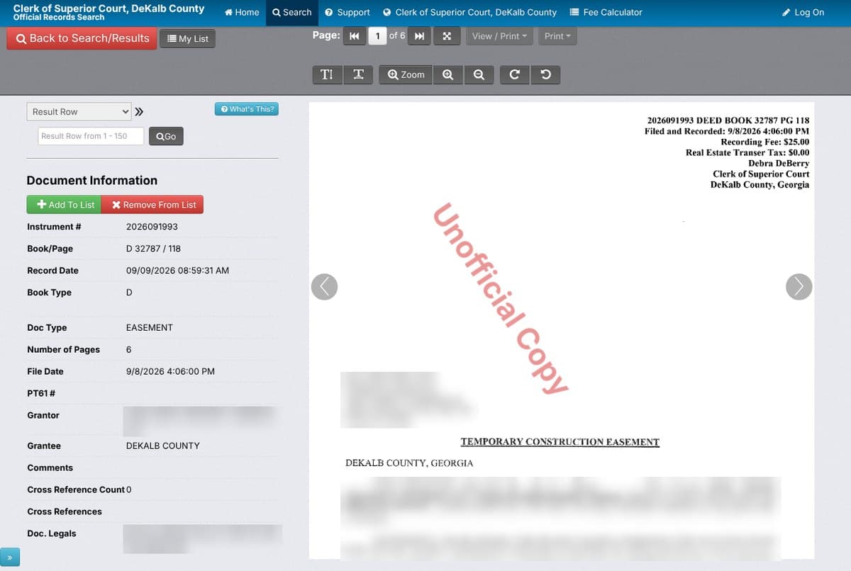 LandmarkWeb viewer showing a recorded DeKalb County easement with the Clerk's stamp and an Unofficial Copy watermark, with names blurred