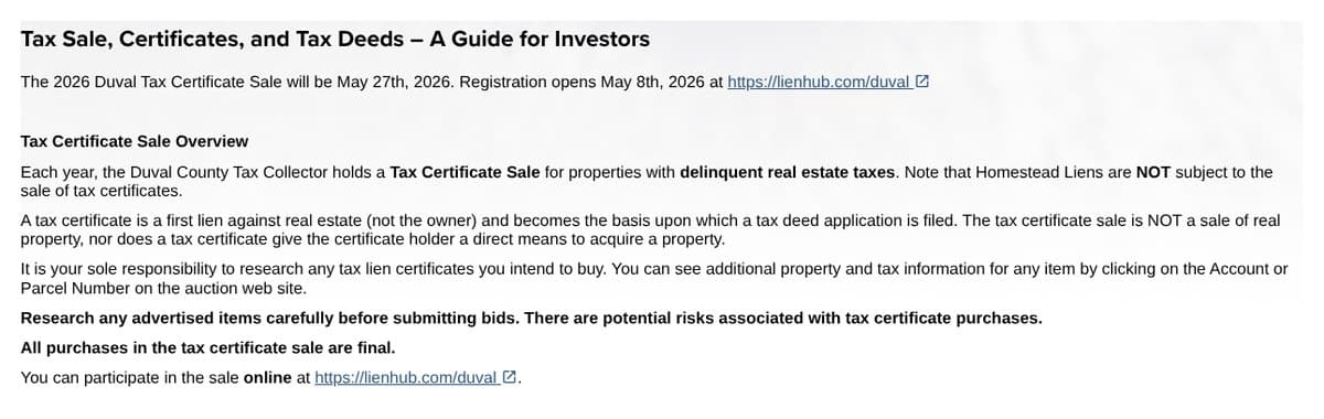The Duval County Tax Collector's web page announcing the May 27, 2026 tax certificate sale and explaining that a tax certificate is a lien, not a sale of the property.