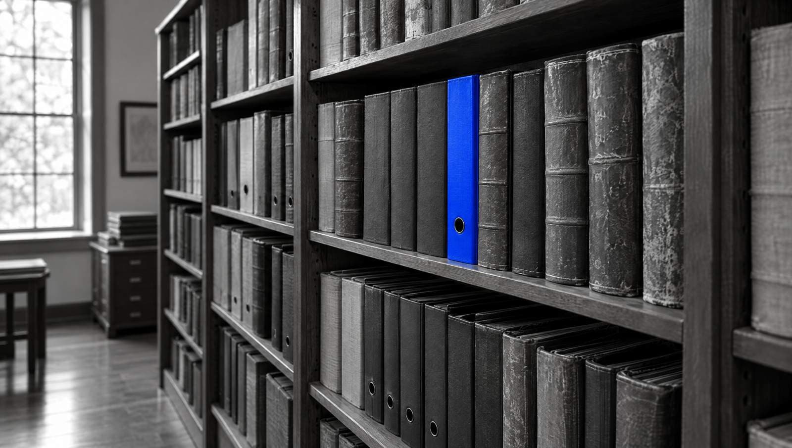 Tall shelves of old record books and binders in a county records office, in black and white, with one bright blue binder on a middle shelf.