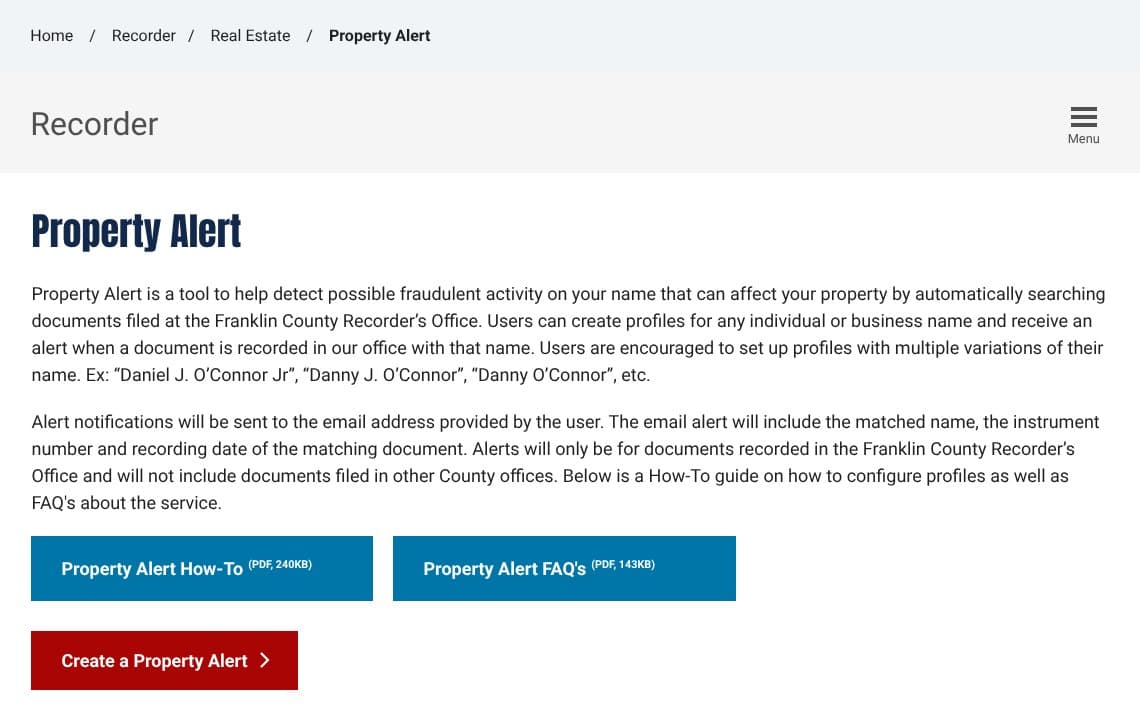 The Franklin County Recorder's Property Alert web page, with a short description of the service and a red Create a Property Alert button.