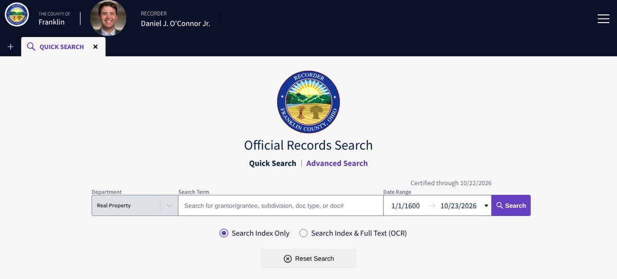 The Franklin County Recorder's Official Records Search page, with a search box for names, document types or document numbers.