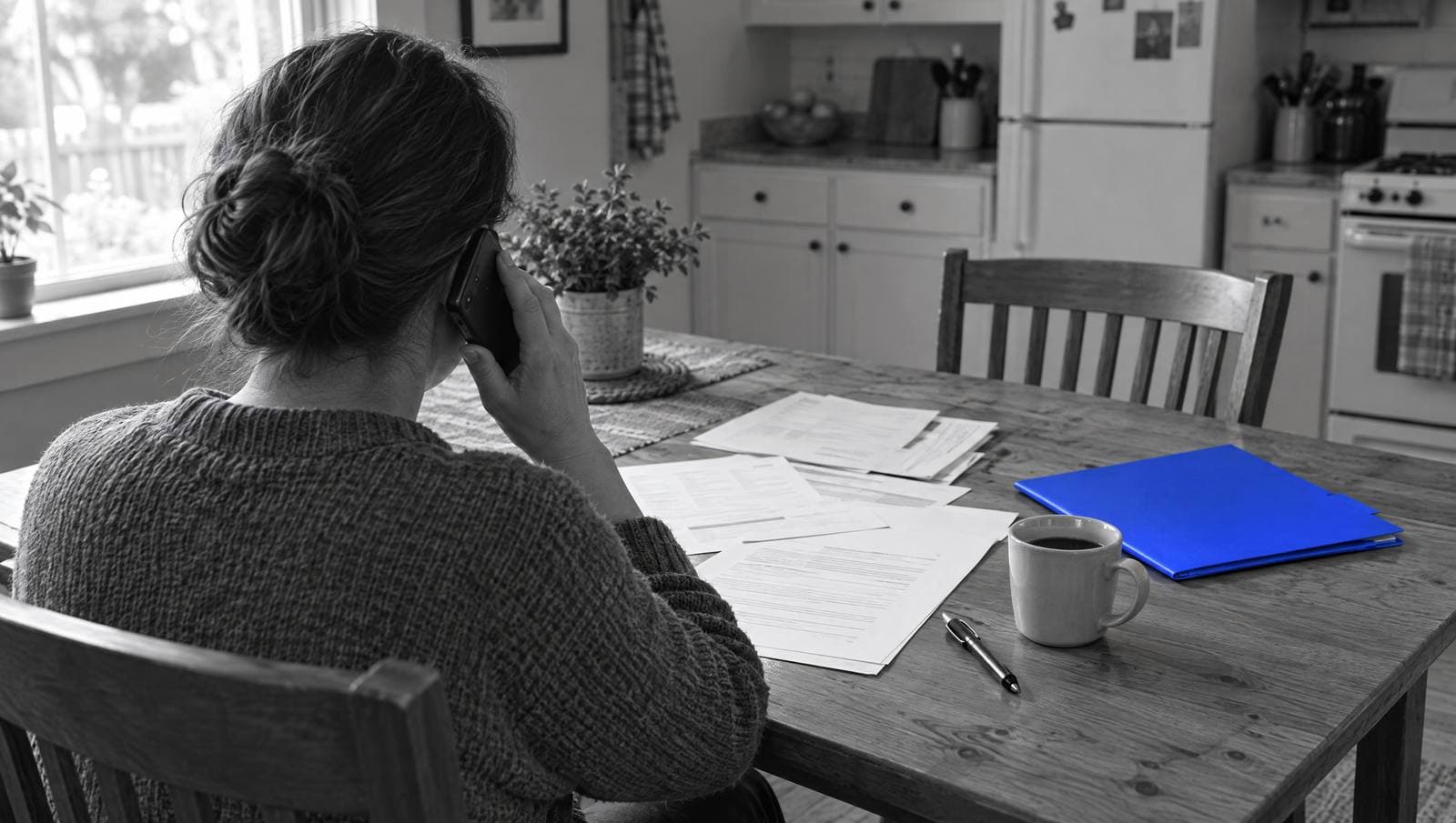 A homeowner, seen from behind, sits at a kitchen table making a phone call, with papers and a blue folder in front of them.