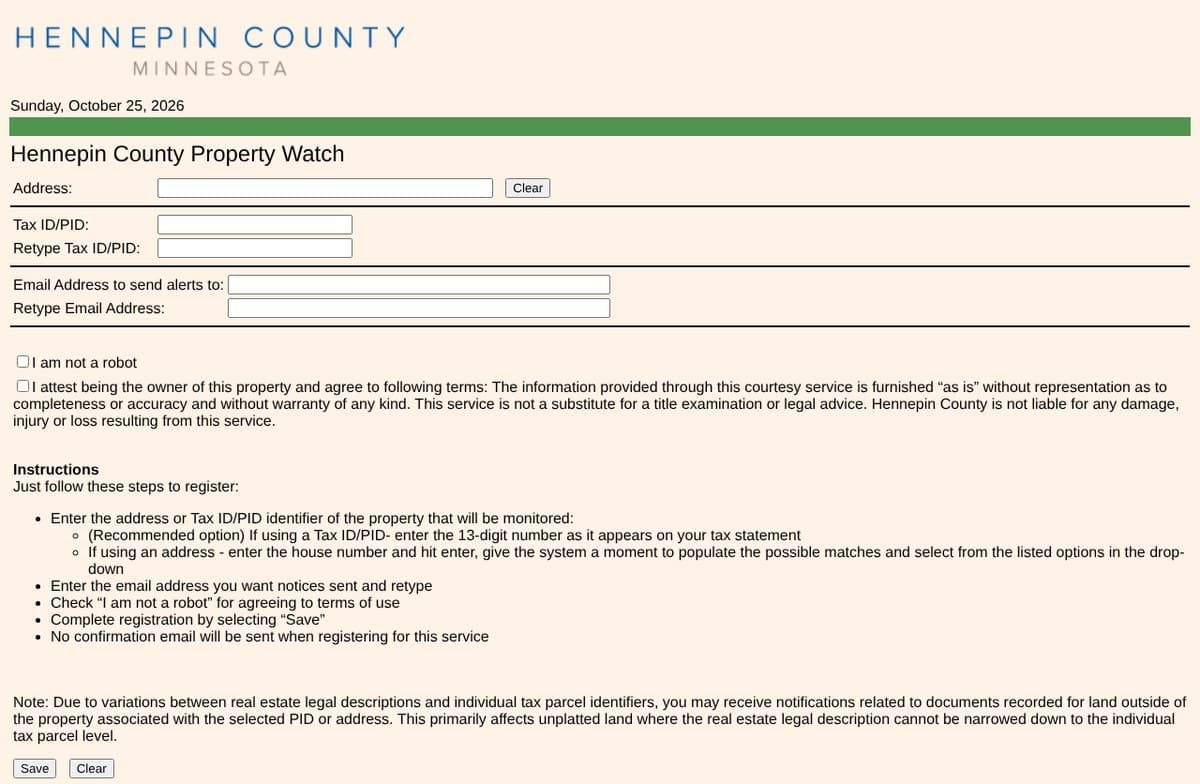 The Hennepin County Property Watch sign-up form, with boxes for an address or tax ID number, an email address typed twice, and two check boxes for the terms.