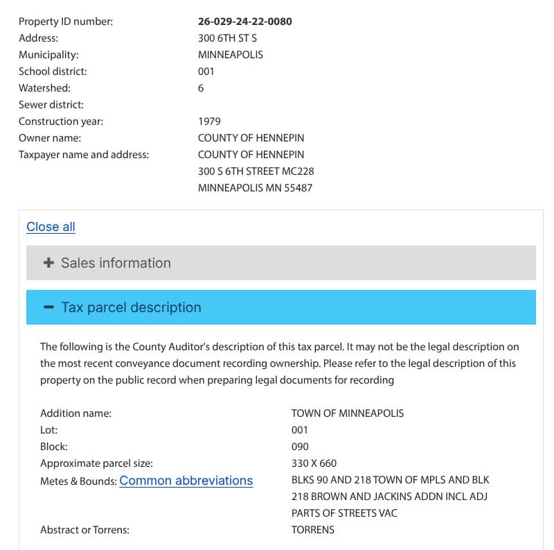 Hennepin County property information page for the Government Center parcel, owned by the County of Hennepin. The last line reads Abstract or Torrens: Torrens.