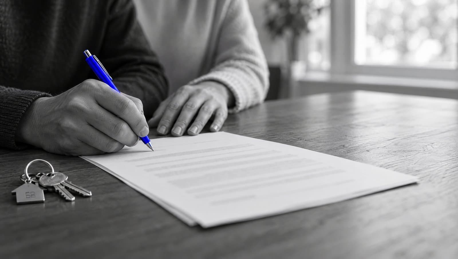 Hands signing home closing papers with a blue pen next to a set of house keys, in a black-and-white photo.