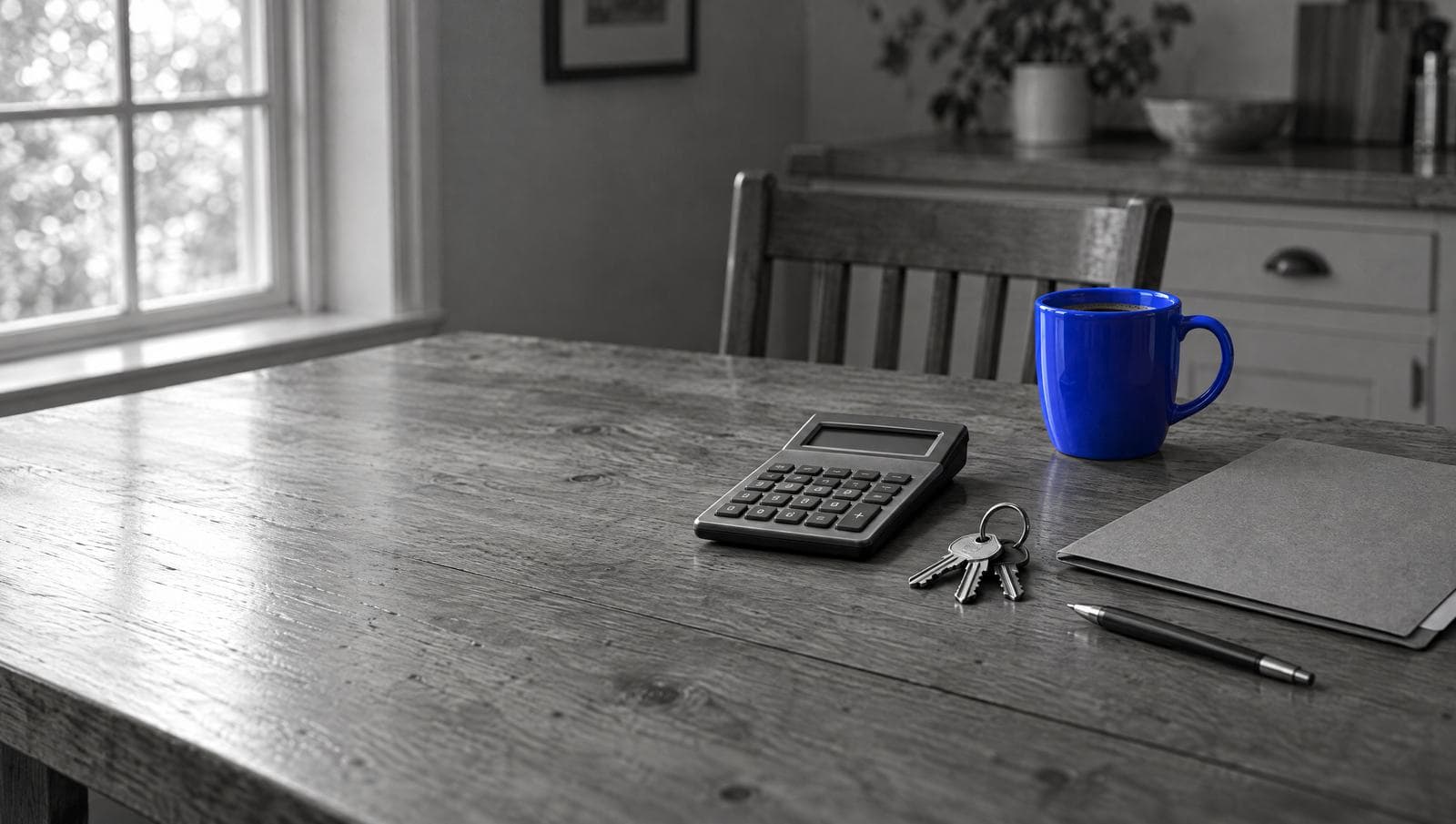 A kitchen table in black and white with a calculator, a ring of house keys, a folder and a pen beside a blue coffee mug.