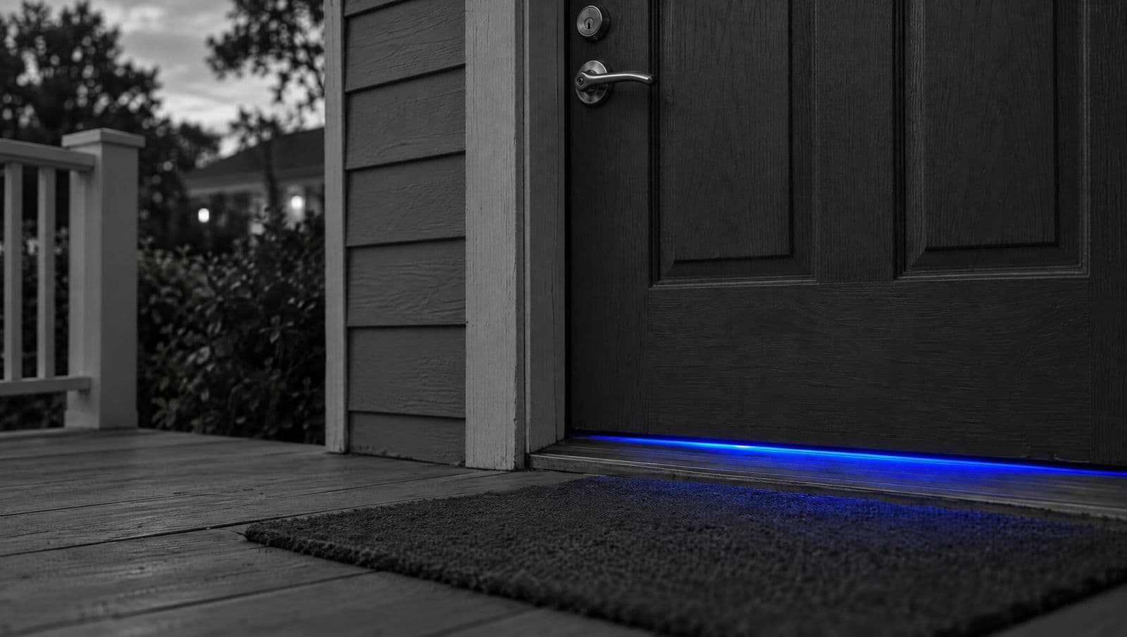 Close-up of a front door's handle and keyhole in black and white, with a thin line of blue light shining under the door.