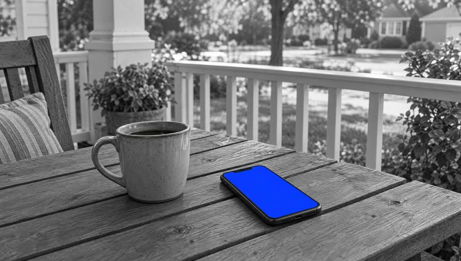 Black-and-white photo of a phone lying on a wooden porch table next to a coffee mug. Its screen glows plain blue.