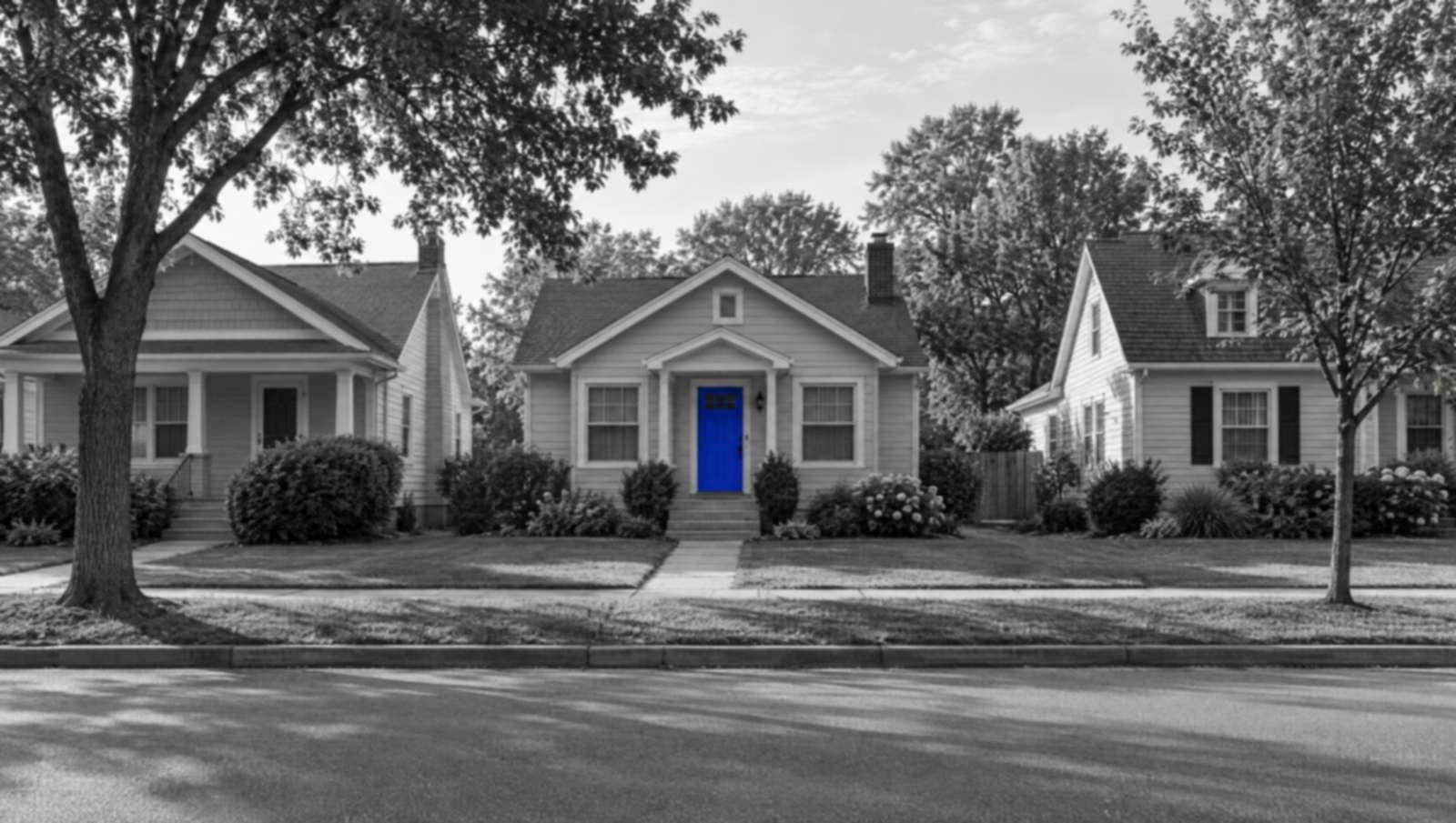 A quiet street of houses in black and white, where one house has a bright blue front door.