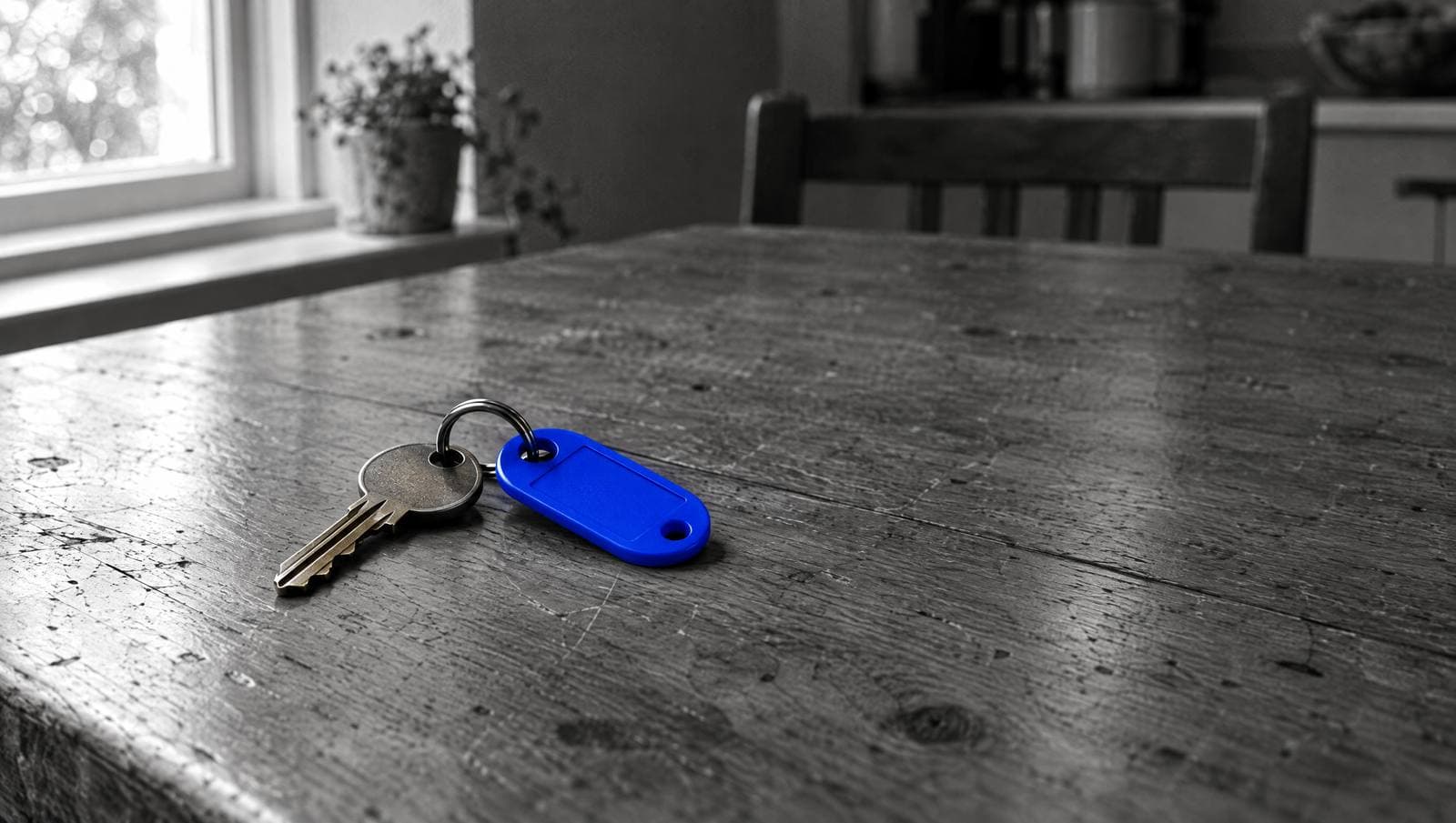 A single house key on a bright blue key tag lies on a worn wooden table, in black and white.