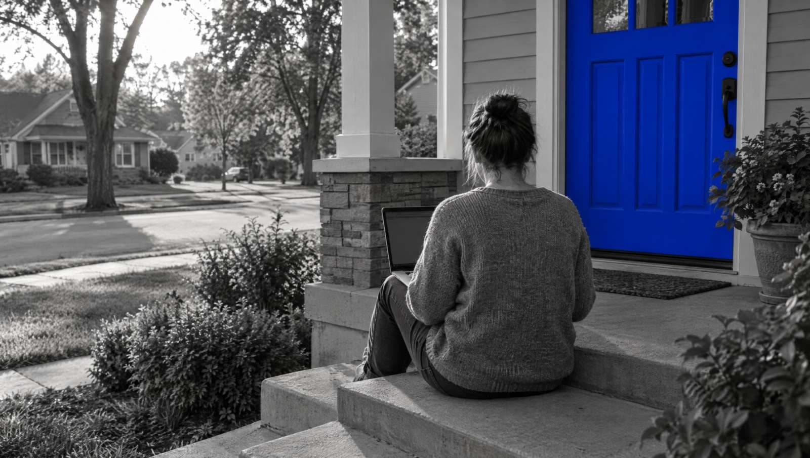Black-and-white photo of a homeowner seen from behind, sitting on porch steps with a laptop. The front door behind them is bright blue.