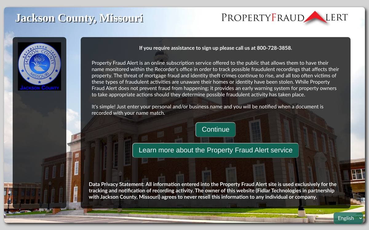 Jackson County, Missouri's Property Fraud Alert page, showing the help line 800-728-3858, a short description of the service and a Continue button.