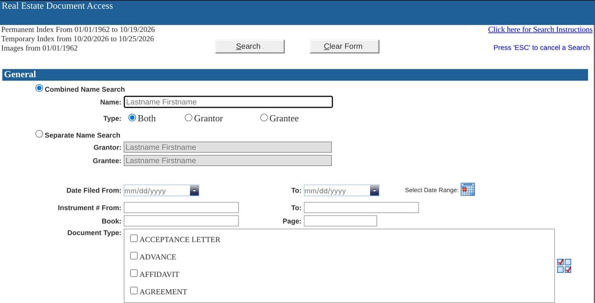 The Jackson County Recorder of Deeds online search form, with boxes for a name, grantor, grantee, date filed, instrument number, book, page and document type, and no box for a street address.