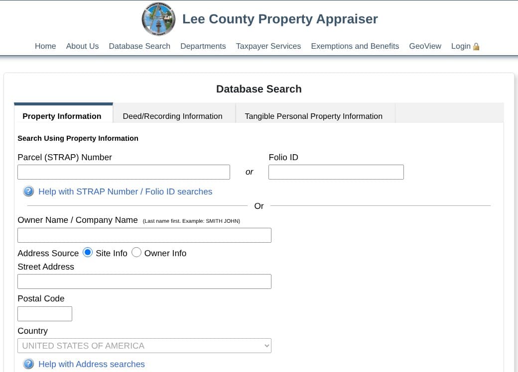Lee County Property Appraiser Database Search form with boxes for Parcel (STRAP) Number, Folio ID, owner name, street address and country.