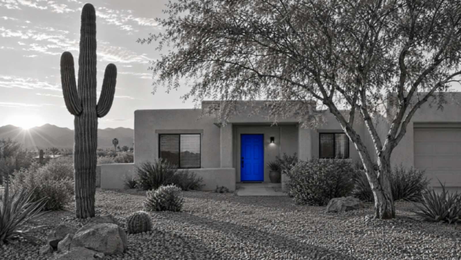Black-and-white photo of a single-story desert home with a saguaro cactus in the gravel yard. The front door is bright blue.