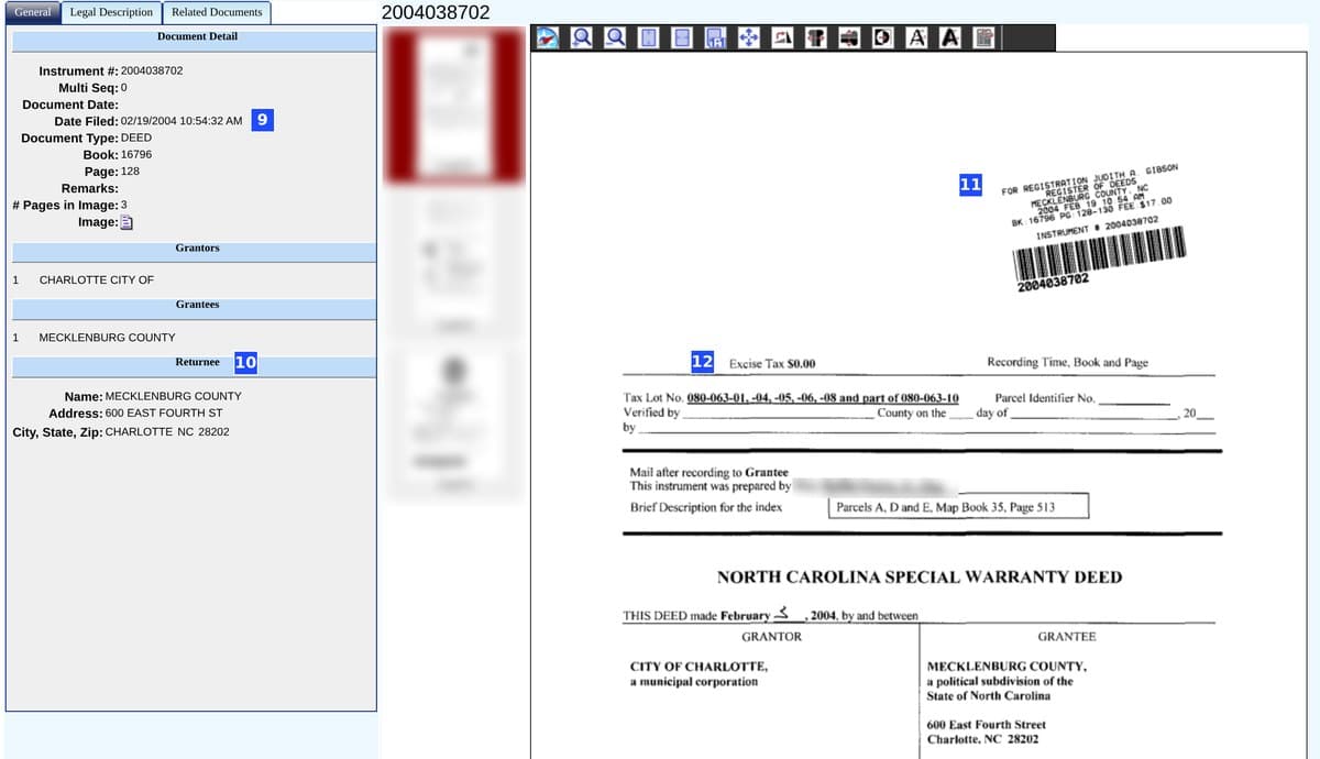 Detail page for a 2004 deed from the City of Charlotte to Mecklenburg County beside page one of the scanned deed and its recording stamp, with blue numbers 9 to 12.