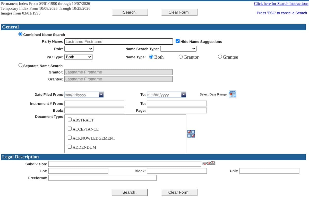 Real Estate search form of the Mecklenburg County Register of Deeds, with fields for party name, grantor, grantee, date filed, instrument number, book, page and document type.