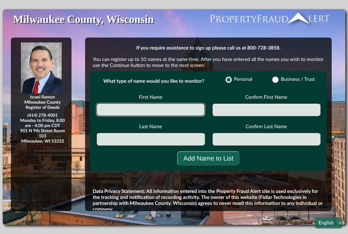 The Milwaukee County Property Fraud Alert sign-up form, with a choice of a personal or a business or trust name, boxes to type the first and last name twice, and an Add Name to List button