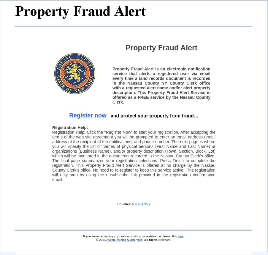 The Nassau County Property Fraud Alert registration page, with the county seal, a Register now link and the site's registration help text.