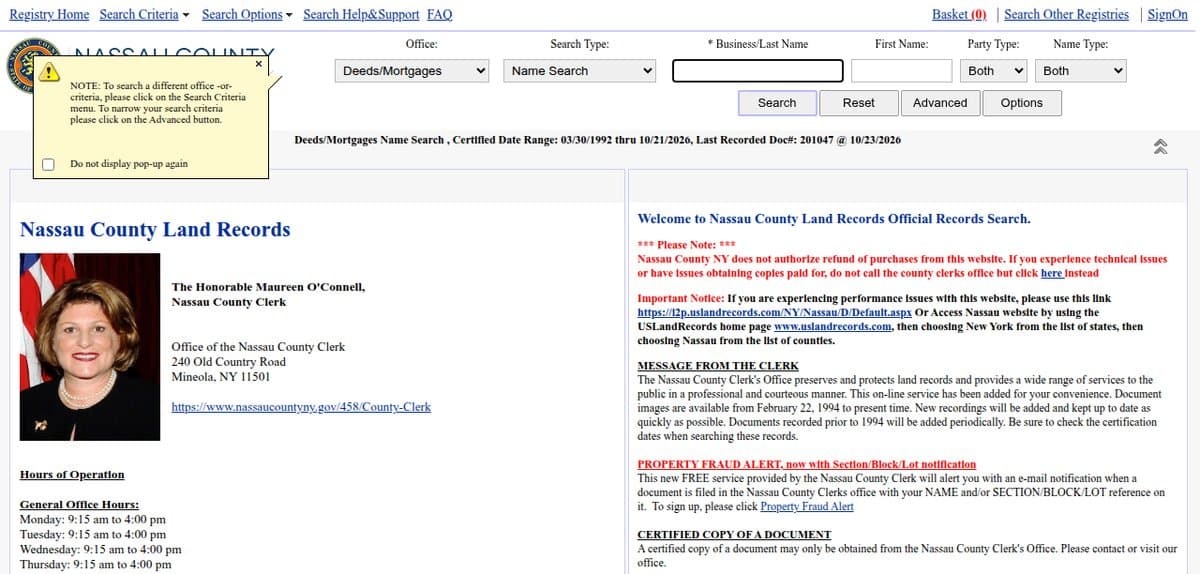 The Nassau County Land Records search page, with name search boxes, the Clerk's office address and a note about the free Property Fraud Alert.