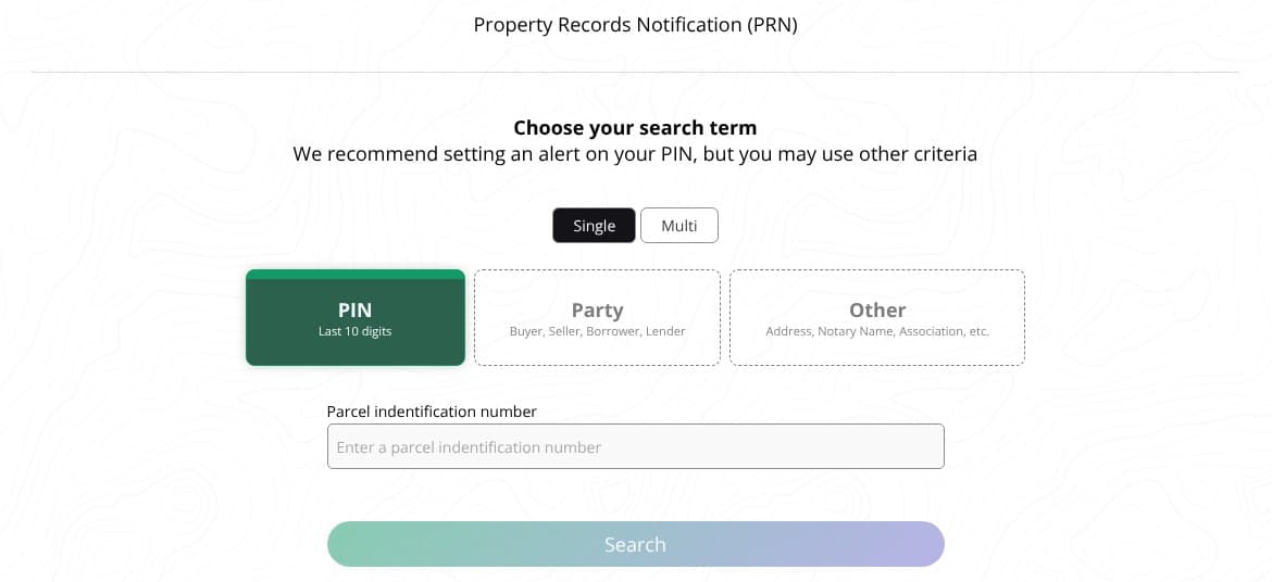 The Property Records Notification page on ocmideeds.com, with Single and Multi buttons, three search choices labeled PIN, Party and Other, and a parcel number box